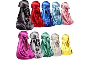ForceWave 10 Pieces Silky Durags Long Tail for Women Men Satin Durag 360 Wave，Dorag, 10 Pieces