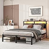 VERFARM Queen Size Bed Frame with LED Lights Storage Headboard and USB Charging Station,Metal Platform Bed Frame Queen Size,No Box Spring Needed,Strong Heavy Duty Metal Slats,Noise Free,Black