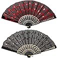 Jetec 2 Pieces Handheld Folding Fan Sequin Fabric Folding Lace Trim Fabric Rave Fan for Line Dancing Flamenco Spanish 1920s Costume Decoration(Red, Black)