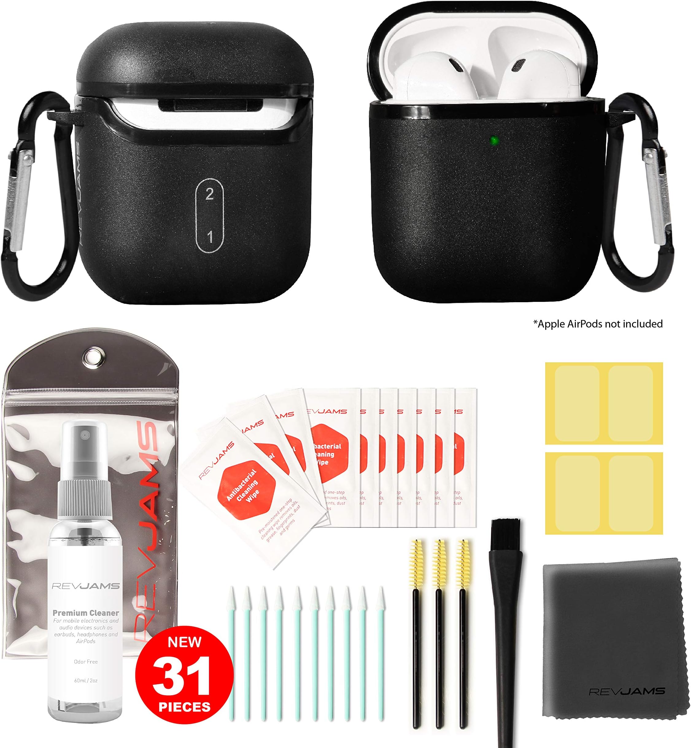 RevJams 31pc Cleaning Kit and Hard Case COMBO for Apple AirPods, Pro, AirPods 2 - Our Specially Formulated Cleaning Solution, Microfiber Cloth, Safe Brushes, Dust Stickers, Swabs,and More, New Version