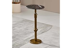 WHGBJA Drink Table, Pedestal Small Side Table with Metal Antique Brass Stand Base, Vintage Oval Cocktail Martini Tables for Small Spaces Black
