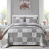 Mybedsoul Grey Boho Quilt Set Queen Size,3 Pieces Plaid Floral Bedspread Coverlet Set for All Season,Patchwork Reversible Bedding Set Queen 90"x96"