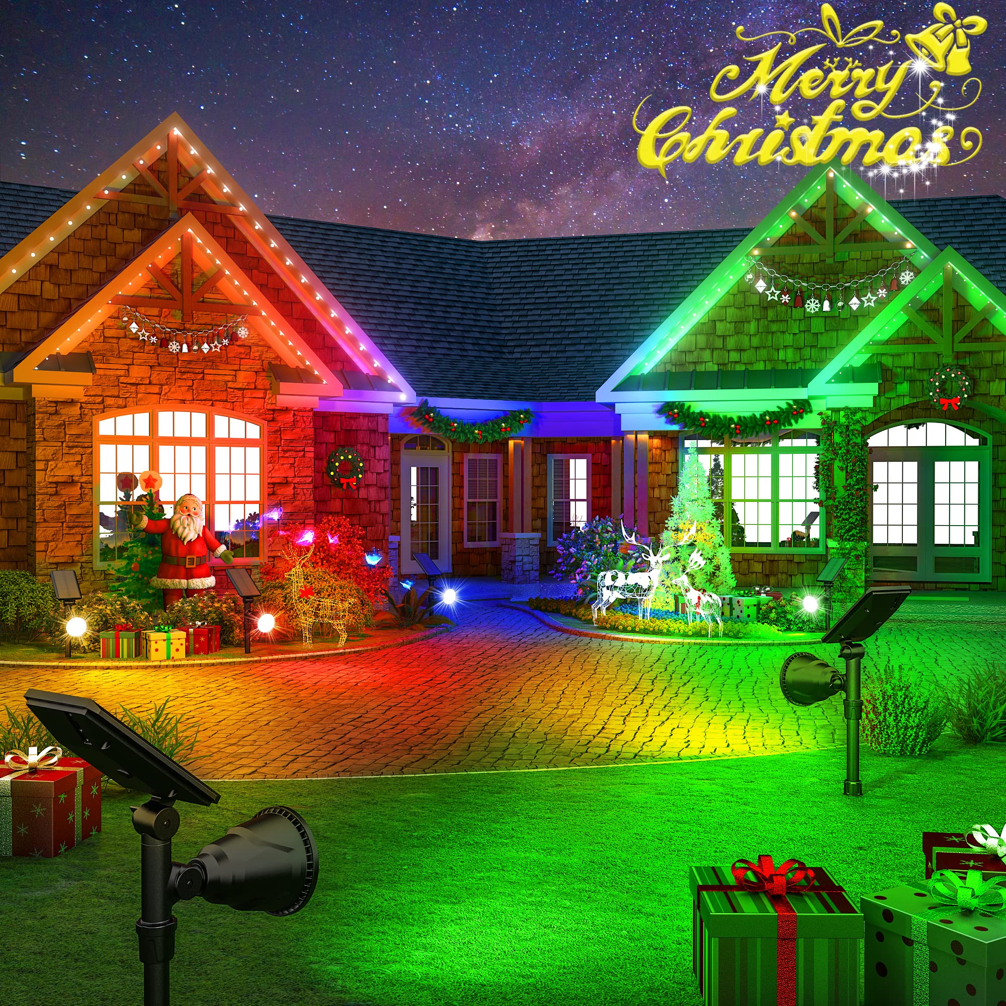 ROSHWEY Solar Spot Lights Outdoor, 7 Colors Halloween Christmas Solar Outdoor Lights Waterproof Landscape Lights 600LM Solar Spotlight Lighting for House Backyard Pool Patio Garden Decor- 2 Pack