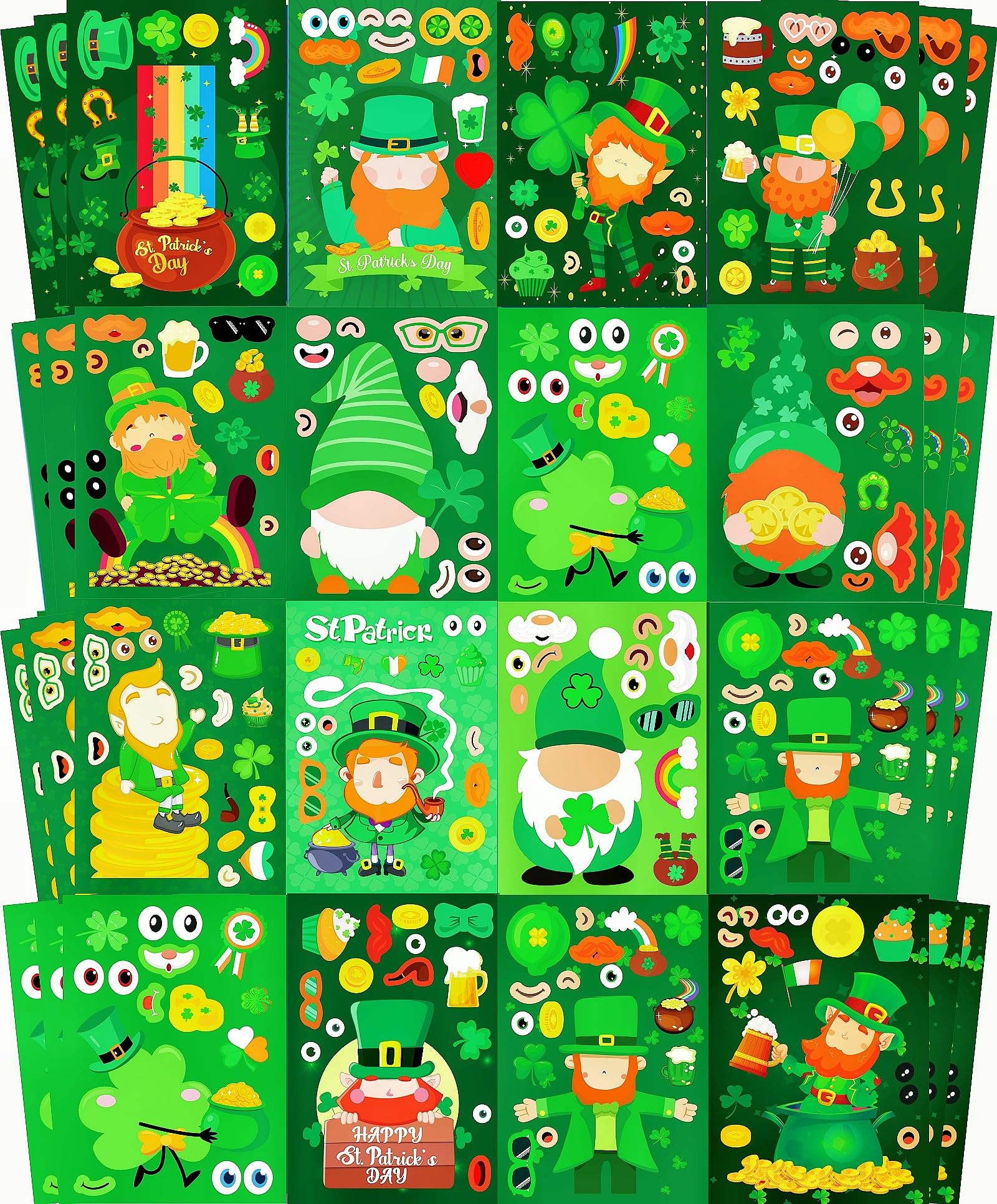 48 Sheets St. Patrick’s Day Make-A-Face Stickers -14 Fun Designs of Leprechauns, Shamrocks, Gnomes, and Pot of Gold, St. Patrick’s Party Favors, Crafts & Activities