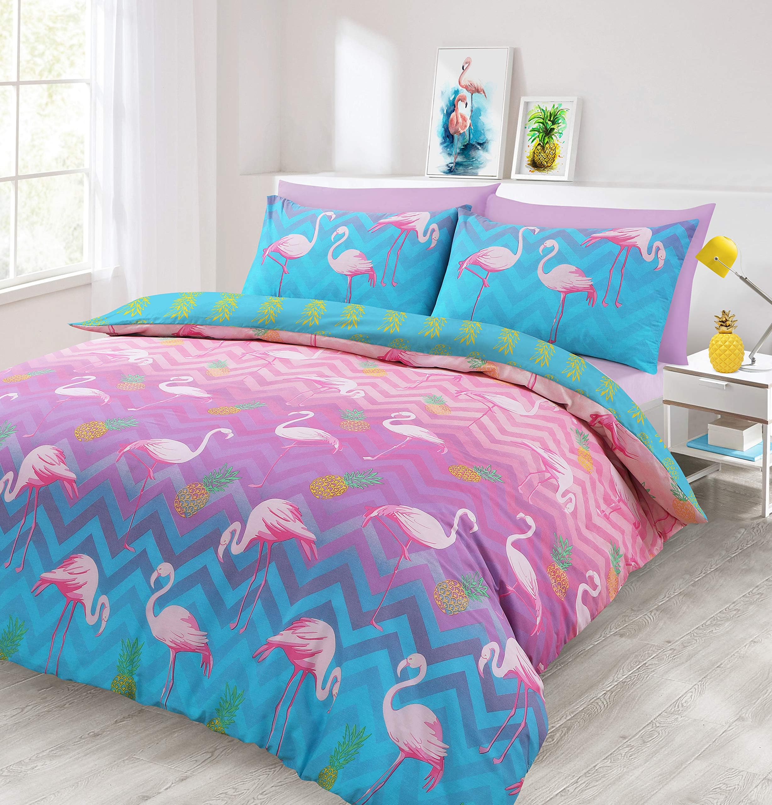 IHIdirect Printed Pink and Blue Flamingo Pineapple Ombre Tone Duvet Cover & Pillowcase Bedding Set Single, Double or King Size (Double Bed)