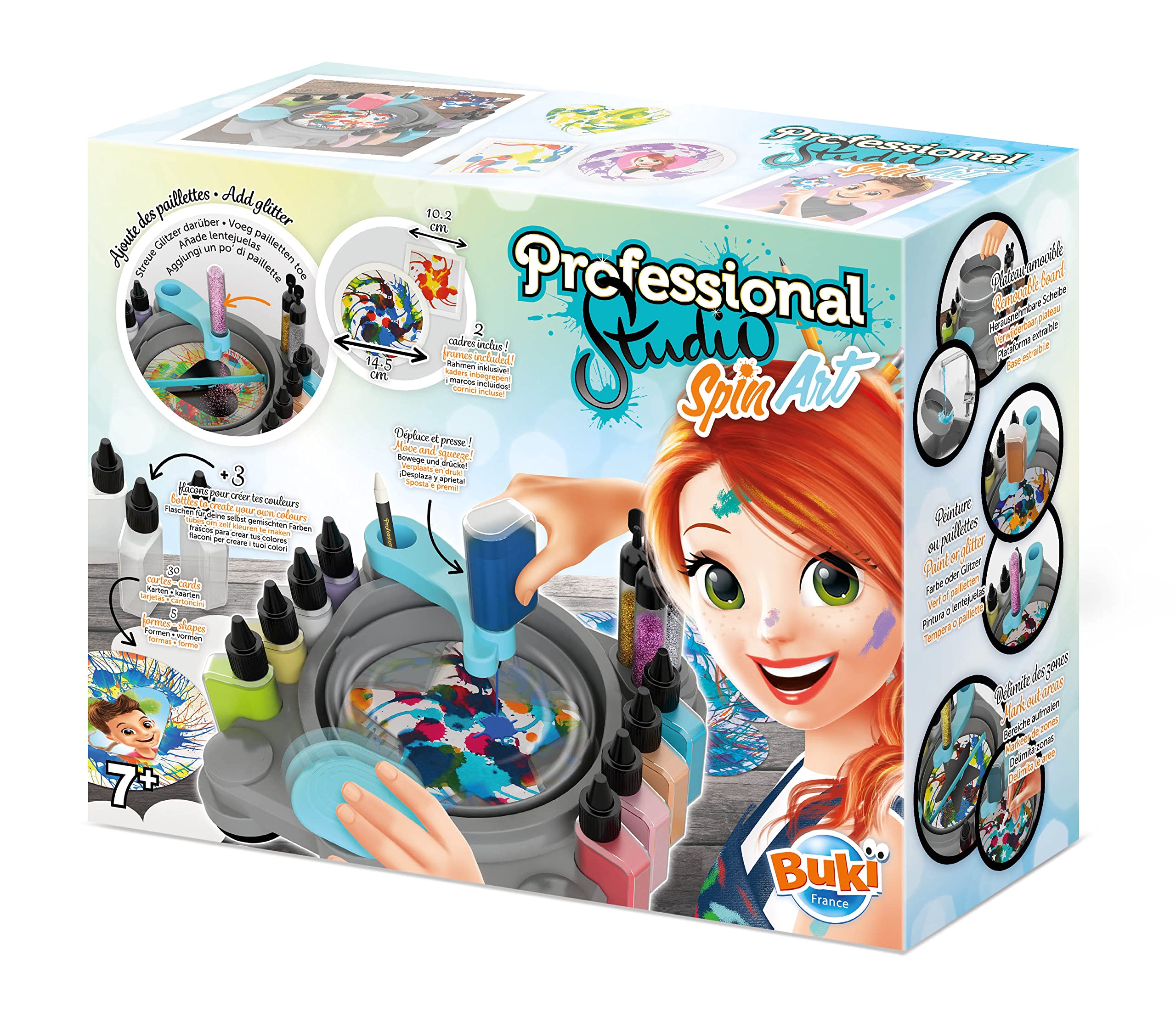 BUKI France Professional Studio Spin Art. Arts & Crafts Kit & Supplies. Kids Painting Set with Paint, Glitter & Accessories. DIY Creative Paint Machine for Children. Gift Suitable for Boys & Girls 7+