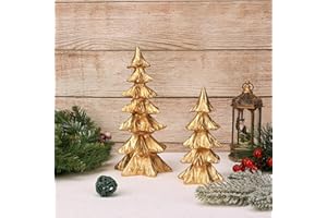 LEIFEOSH 2 Pcs Resin Christmas Tree Figurines Gold Tabletop Christmas Tree for Table Centerpieces Desk Shelf Fireplace Decor, Xmas Tree Statues Perfect for Home Office