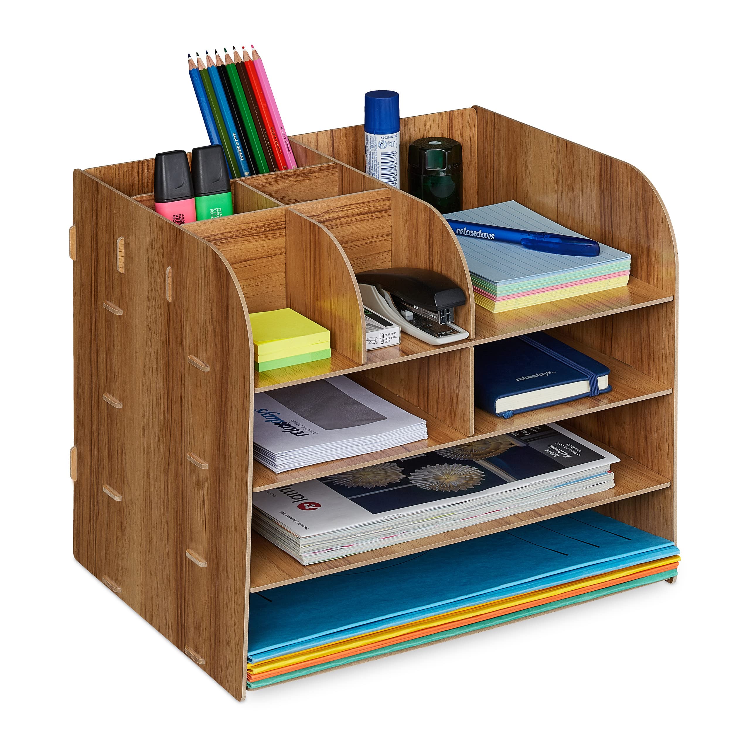 Relaxdays Desk Organiser, Office Supplies and Documents, Different Size Compartments, DIY, MDF, 27.5x32.5x25 cm, Brown