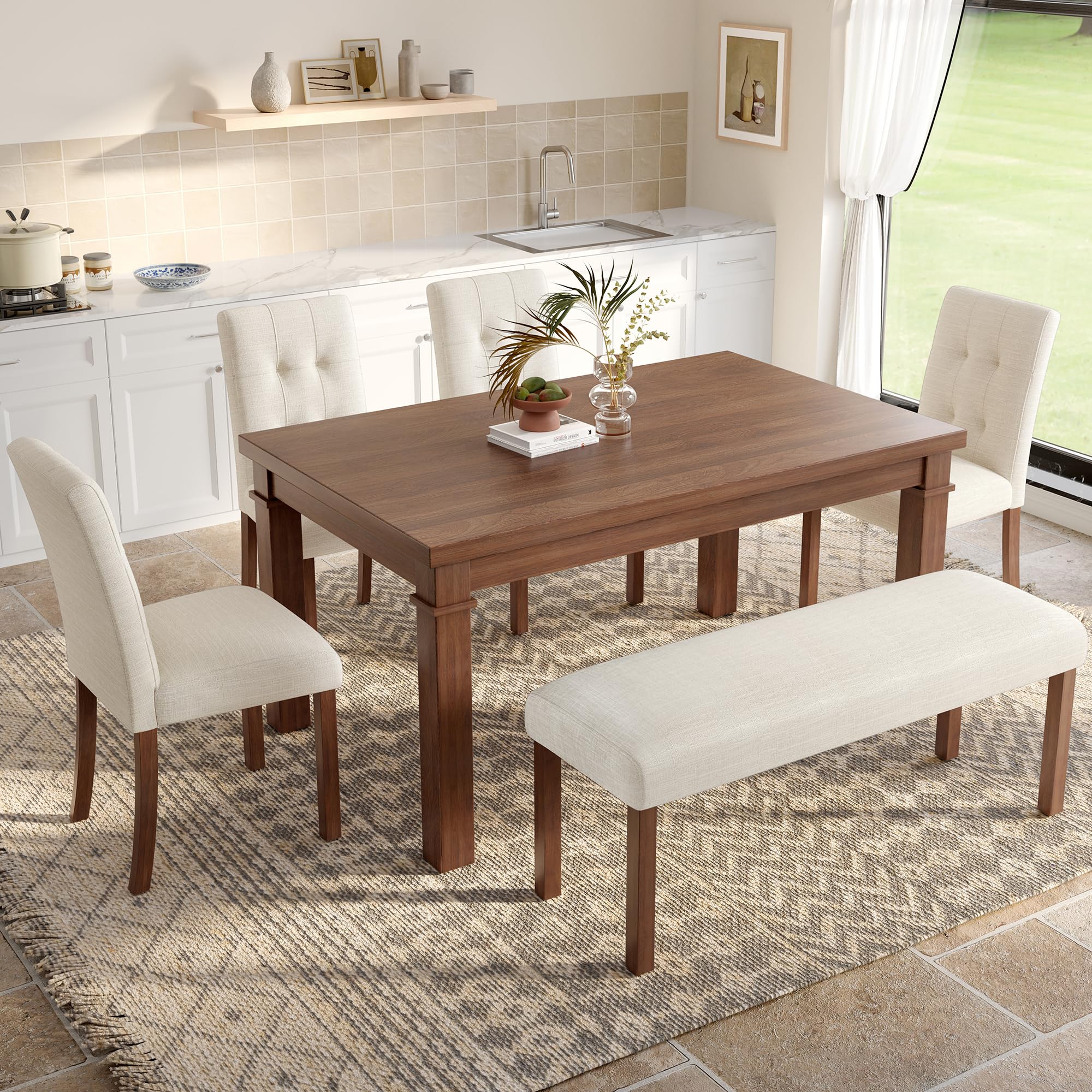 Photo 1 of MISSING BOXES******
Ball & Cast Dining Table Set for 6 W/Bench & 4 Upholstered Chairs,6 Piece Dining Set W/ 60" Rectangle Kitchen Table & Anti-Scratch Pads,Table and Chairs Set for Living Room,Dining Room,Walnut