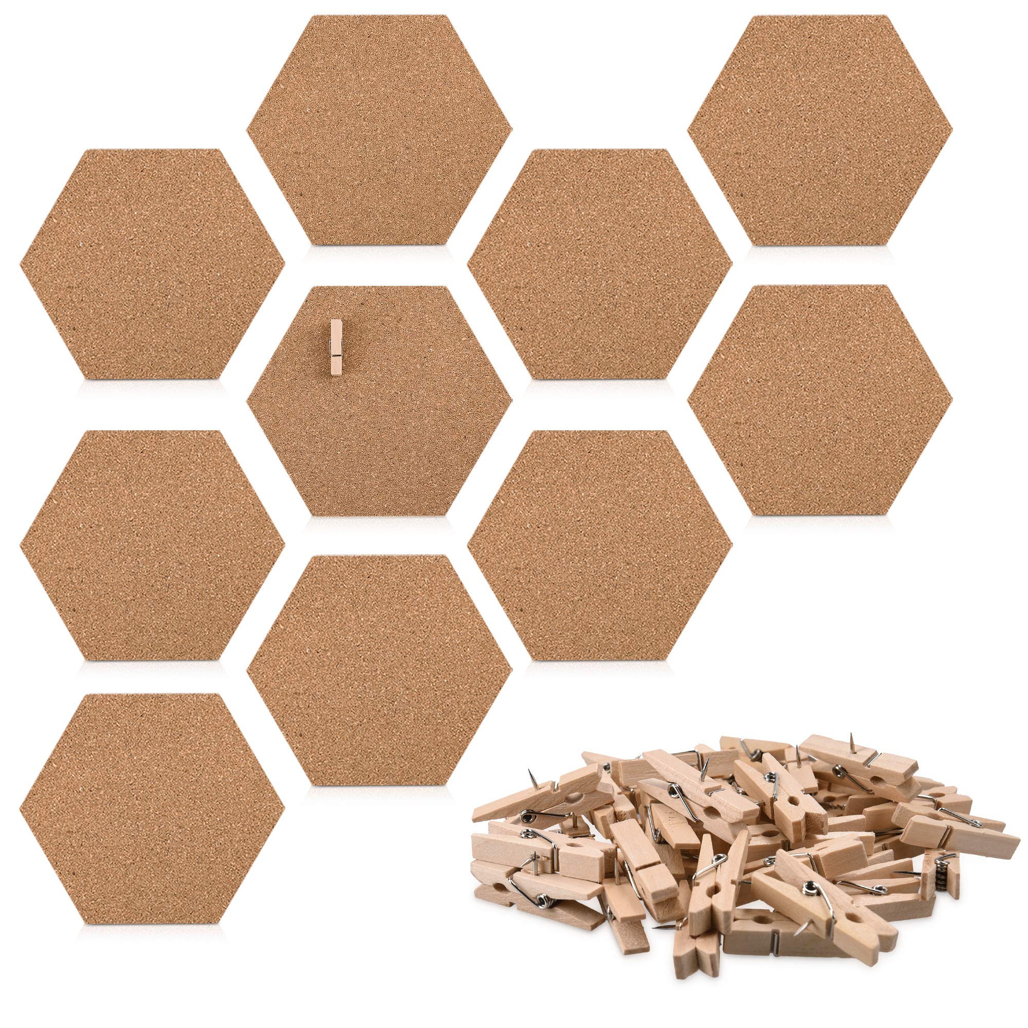 Navaris Hexagon Cork Board Tiles - Set of 10 100% Cork Notice Memo Bulletin Boards with Pack of Wooden Push Pins Clips - 15 x 17.7 cm (5.9 x 7 inches) — image 1