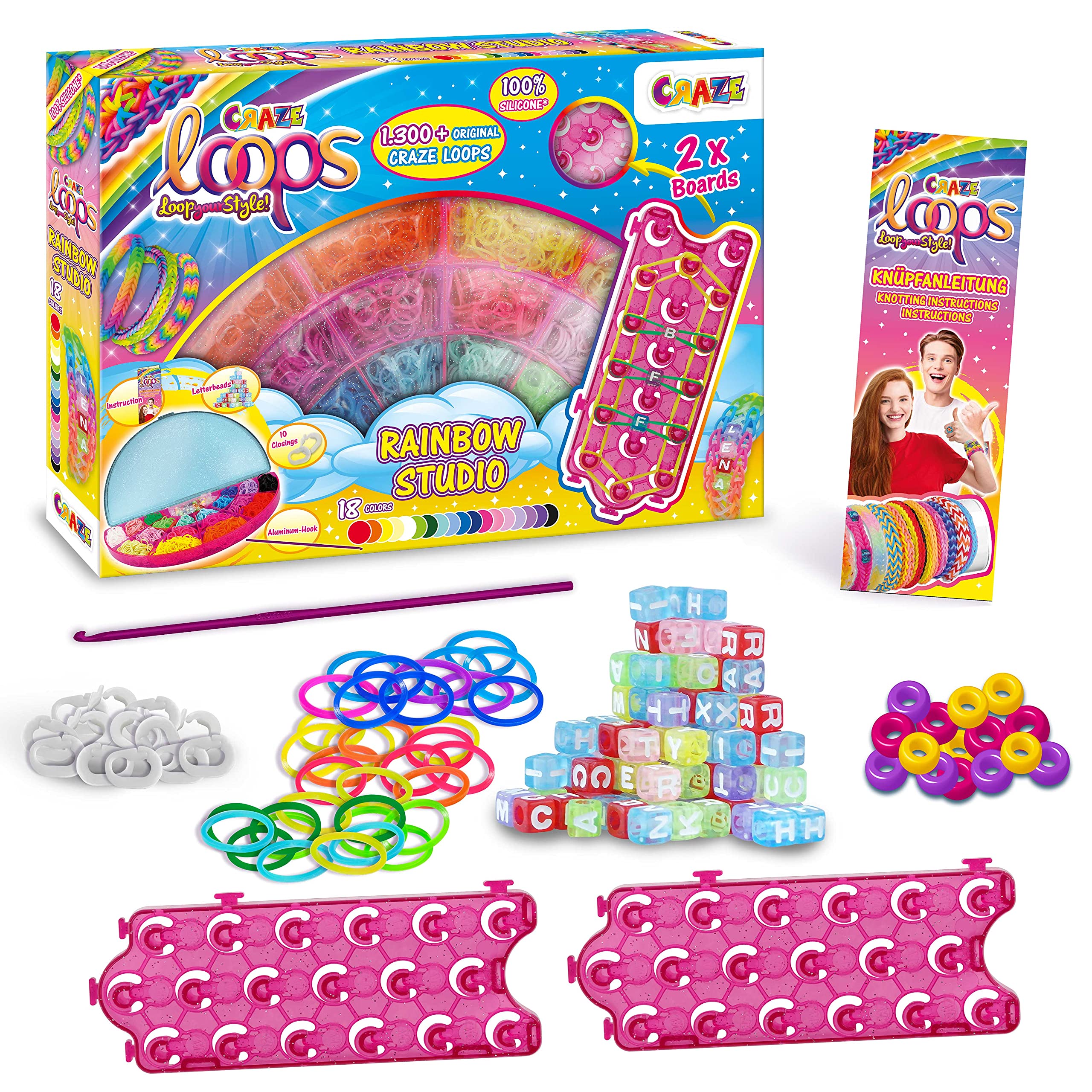 CRAZE loops Rainbow Studio Loom Bands XXL Set with 1300+ Rubber Bands and Many Accessories - Children's Craft Set - Make Your Own Necklaces, Rings and Bracelets