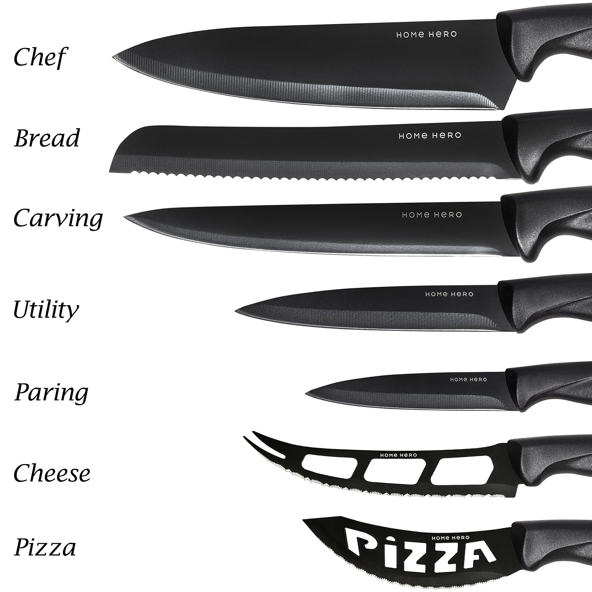 Stainless Steel Knife/Knife Set with Block - 13 Piece Kitchen Knife Set, Chef Knife Sharpener, 6 Steak Knives, Peeler, Scissors, Cheese Knife, Pizza Knife & Acrylic Stand - Best Cutlery Set Gift