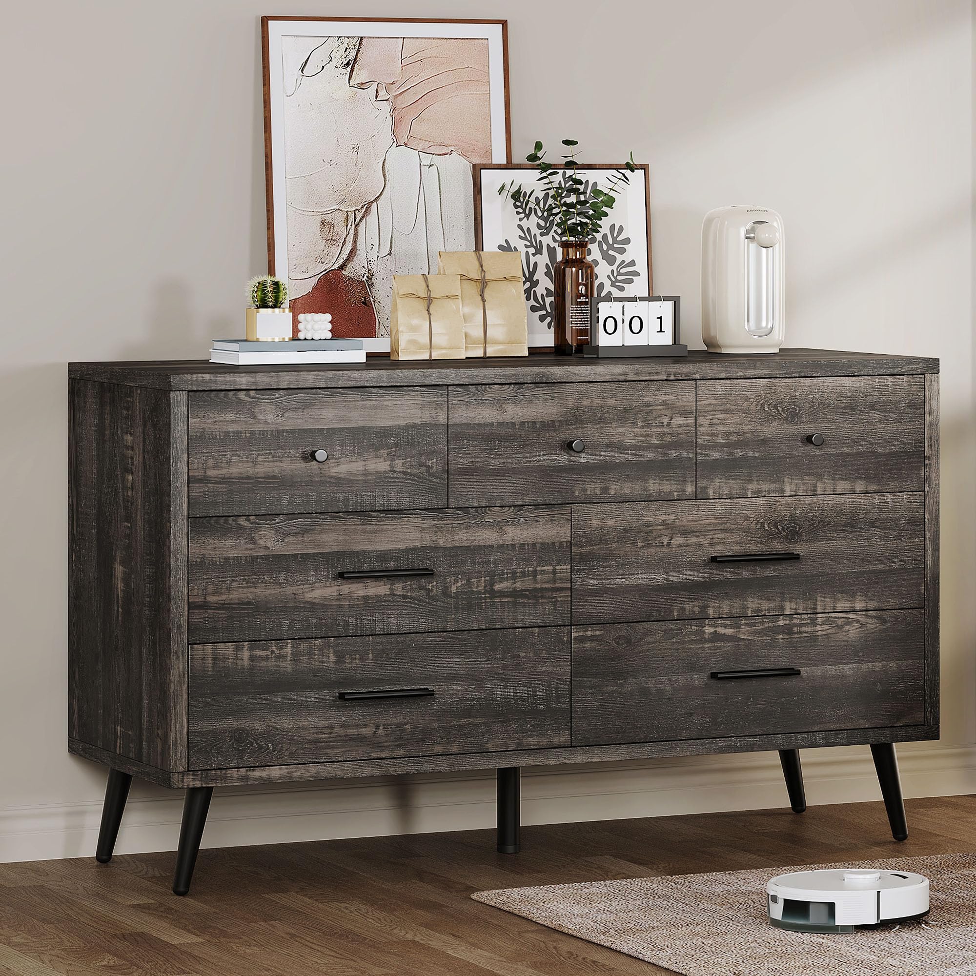 Photo 1 of **MISSING INSTRUCTIONS TO ASSEMBLE**  DWVO Dark Rustic Oak 7 Drawer Dresser, 47" W Large Double Dresser Chest of Drawers, Modern Wood Storage Organizer with Black Metal Handles & Anti-Tipping Device for Hallway, Entryway