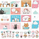 Decorably 24 Pack 6x4in Cat Thank You Cards with Envelopes and Stickers, 12 Adorable Designs for Kids, Friends, Loved Ones, Blank Inside - Children's Party, Baby Shower, Birthday, Gifting, Mailing