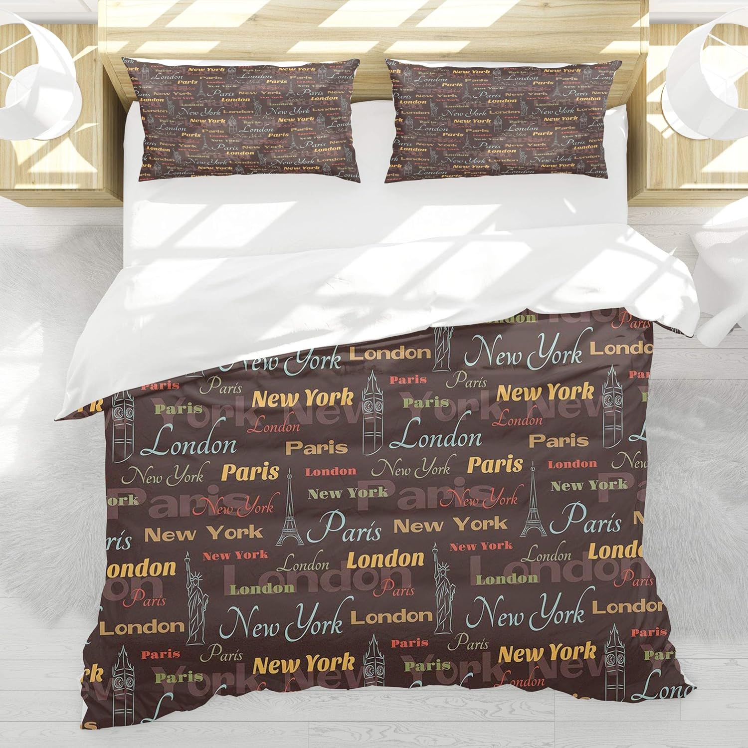BEDNRY Bedding Set,City Famous Places of World London Paris New York Big Ben Statue of Liberty Eiffel Tower,Decorative 3 Pieces,1 Duvet Cover with 2 Pillow Shams,Queen Size