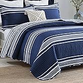 SahSahCasa Quilt King Size, King Quilt Set, 100% Cotton King Quilt Bedding Set Bedspreads, Lightweight Reversible Striped Pinstripe Quilts Bedspread for King Bed, All Season, Navy Blue, 3 Pieces
