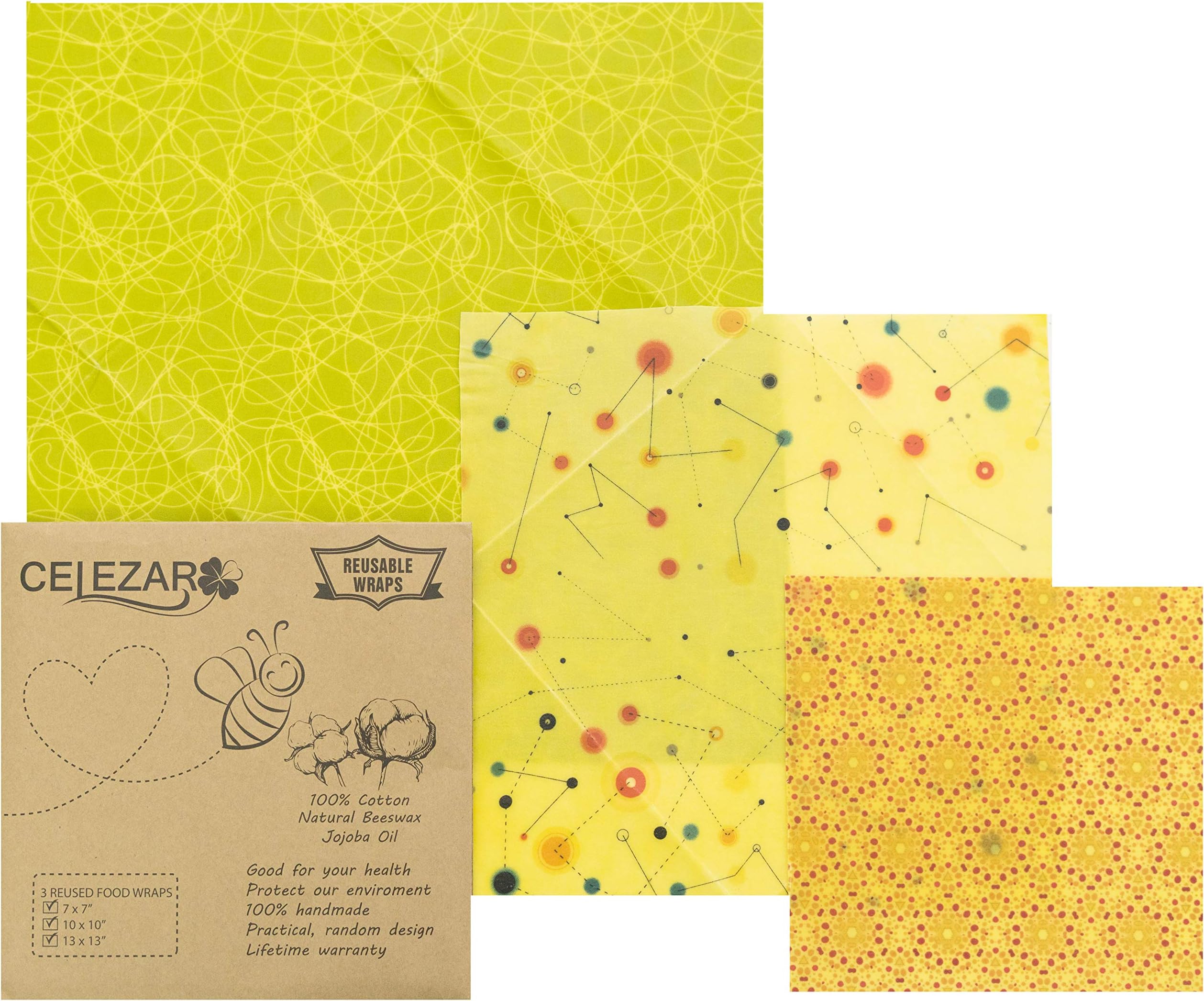 Reusable Beeswax Food Storage Wrap, Natural Ingredients, Handmade, Keep Fresh Longer, Plastic Free Food Wraps - 1 Small, 1 Medium, 1 Large with Colorful
