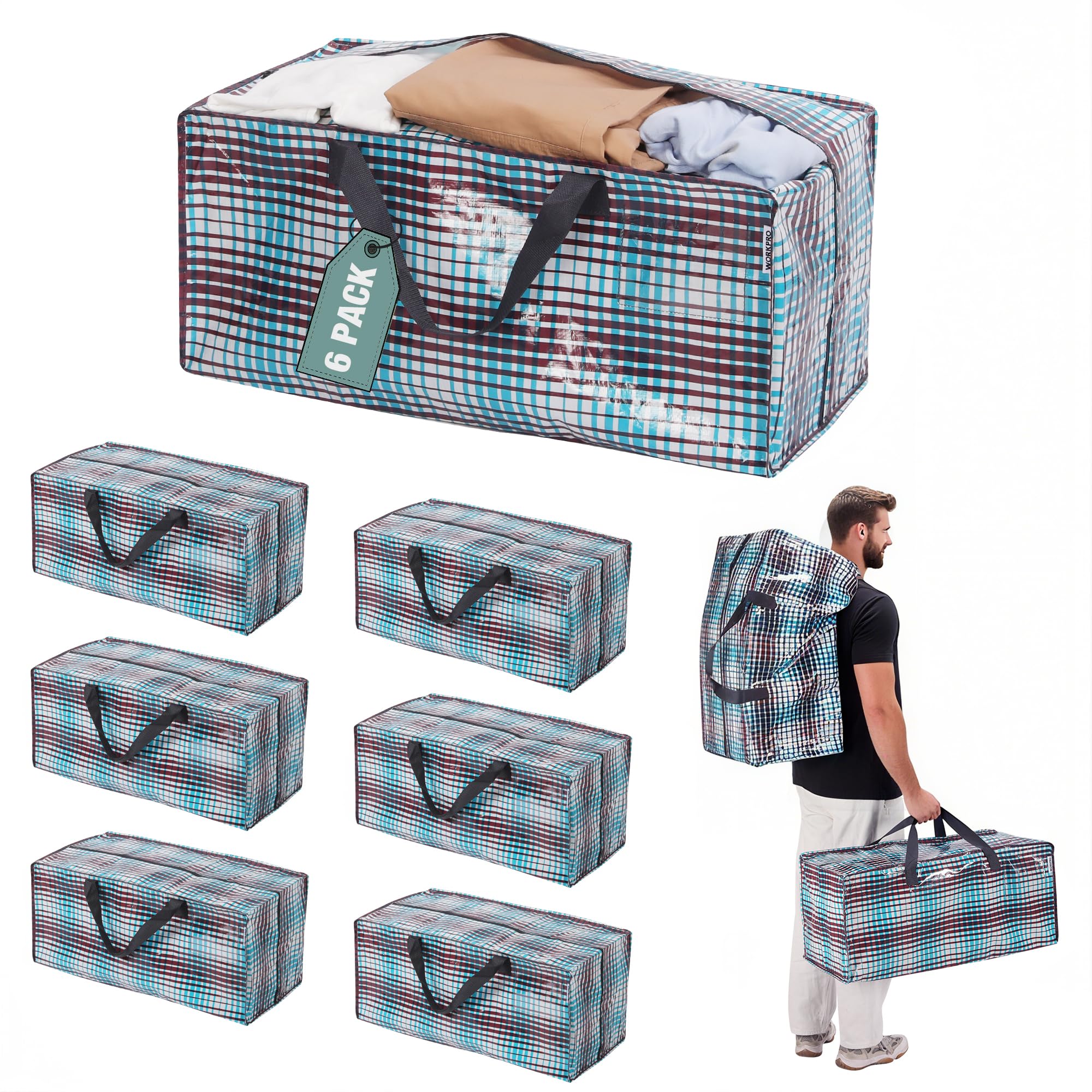 WORKPRO 6 Pack Extra Large Moving Bags with Zippers & Carrying Handles Backpack Straps, Heavy-Duty Storage Tote for Space Saving & Storage, Alternative to Moving Box (Lattice Printing) Image