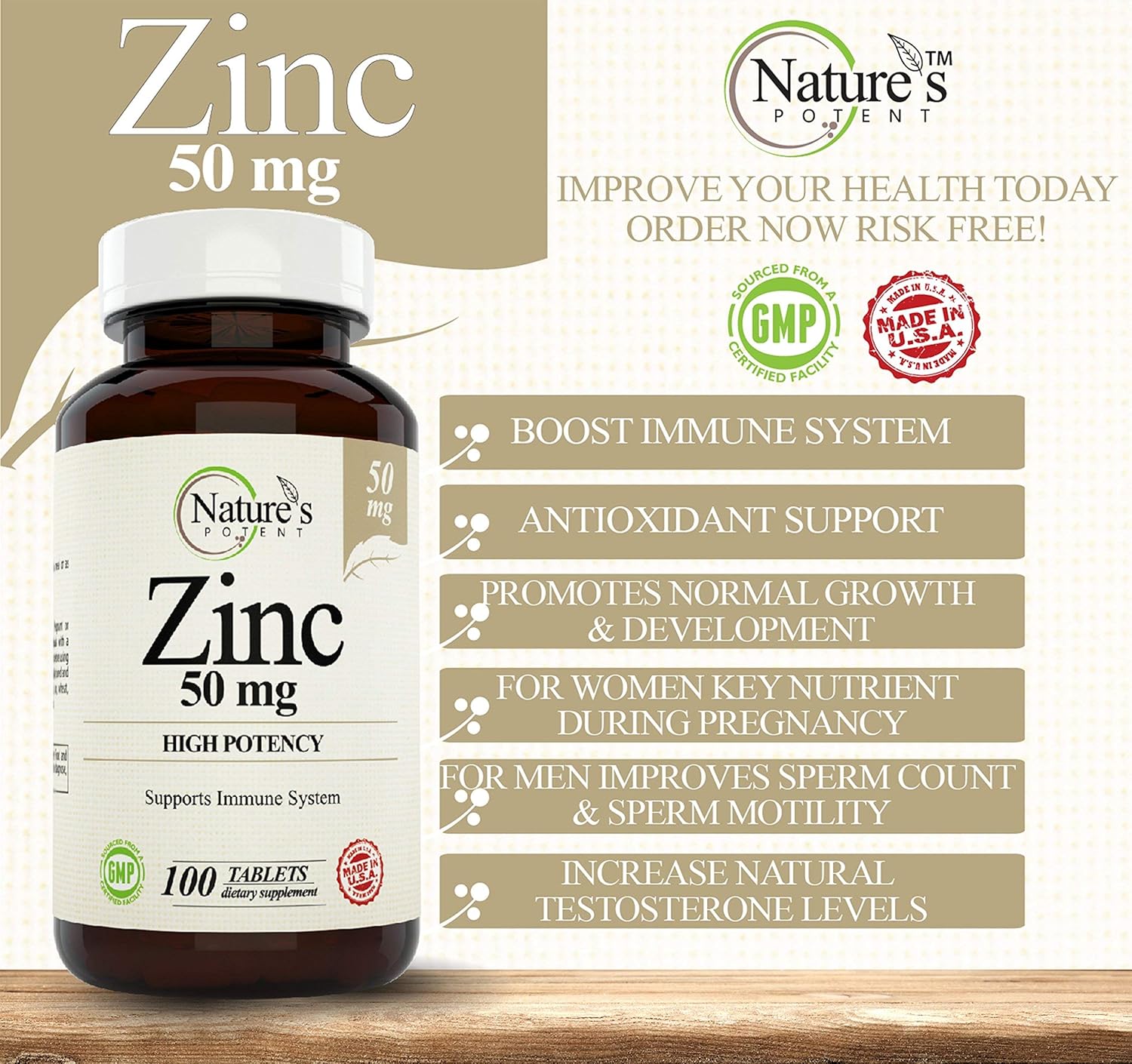 Zinc 50mg [High Potency] Supplement - Immune Support System from Natural Zinc (Oxide/Citrate) 100 Tablets, Made by Nature’s Potent.: Health & Personal Care