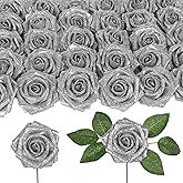 Uznaeoi Artificial Roses 30PCS Silver Flowers 3.15" Glitter Roses Artificial Flowers with Stems for DIY Wreath Wedding Christmas Home Party Decor(Silver)