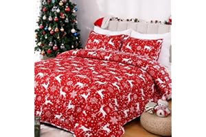 Invoibler Christmas Quilt Set Queen Size 3 Piece Snowflake Reindeer Bedding Set Red Winter Christmas Bedspread Coverlet Reversible Xmas Holiday Quilt (1 Quilt, 2 Pillow Shams)