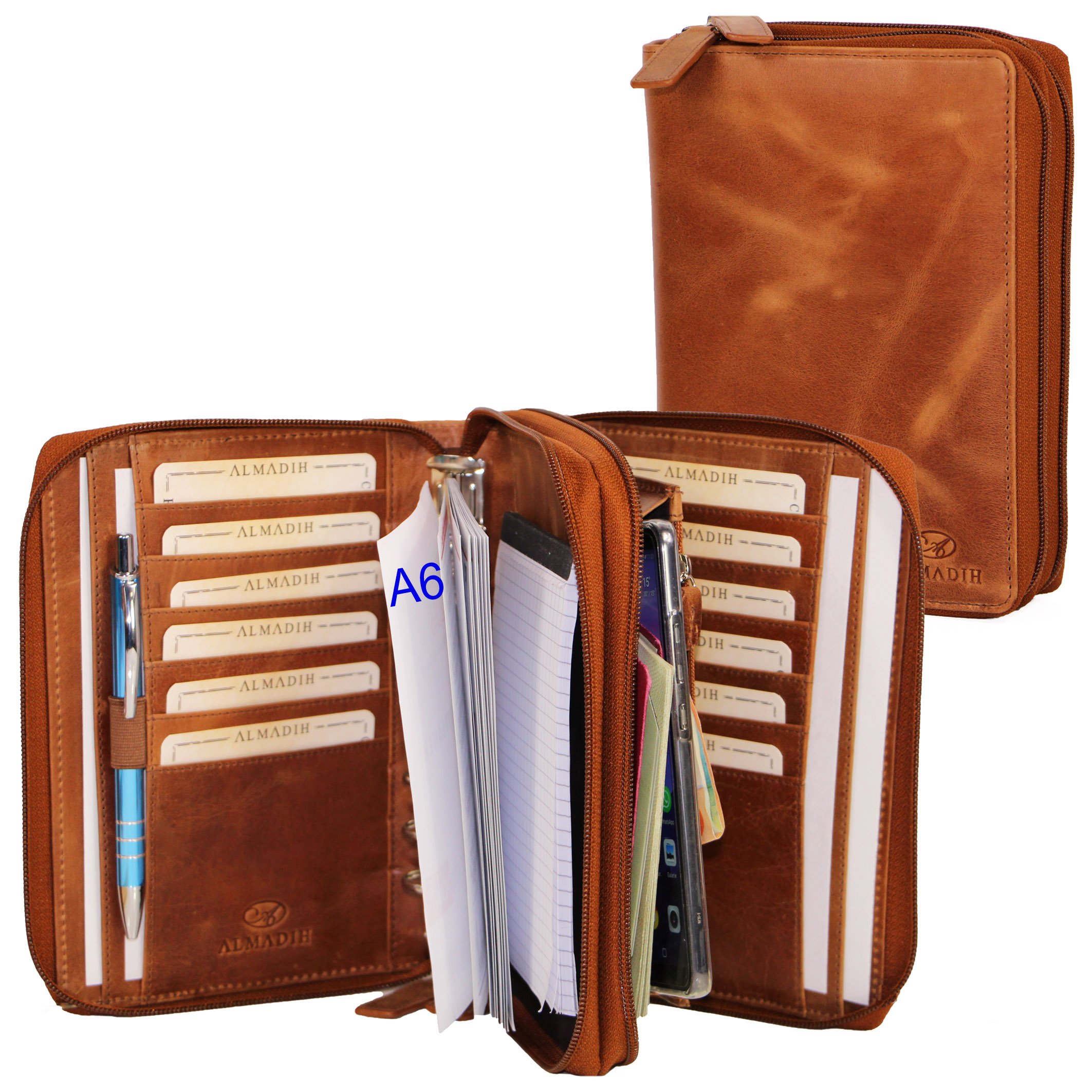 ALMADIH Leather A6 Organizer Double Zipper, Rings + Calendar 2025 Writing Pad, Premium Cow Leather brown deluxe Gift Box - Personal Planner Conference Folder System Ring Binder Portfolio A6KD