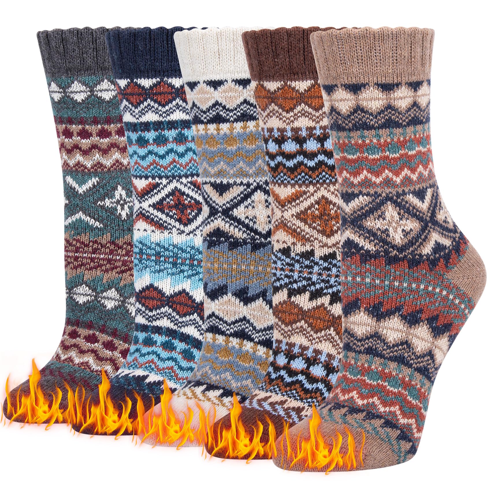 5 Pairs of Wool Socks, Warm Women’s Socks, Colourful, Thick Thermal Socks, Winter Knitted Socks for Women