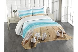 Ambesonne Seashells Bedspread, Wooden Boardwald Sunshine Vacations Beach Theme, Decorative Quilted 3 Piece Coverlet Set with 2 Pillow Shams, Queen Size, Beige