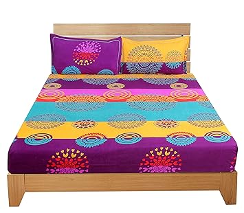 BSB Trendz Aura 3D Print Microfiber Wrinkle, Fade Resistant, Easy Elastic Fitting Ultra King Size Soft 3-Piece Bed Sheet Set, Fitted Sheet with 2 Pillow Cases-Green & Purple