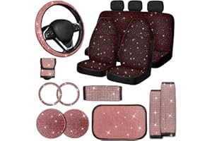 Jusen 17 Pack Bling Car Seat Covers Set Car Diamond Accessories Rhinestone Crystal Steering Wheel Cover, Bling Velvet Breathable Glitter Center Console Pad Universal Car Interio(Full Set/Red)