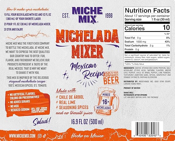 MICHE MIX MICHELADA MIXER, 16.9 FL OZ, AUTHENTIC MEXICAN RECIPE WITH CHILE DE ARBOL, REAL LIME, SEASONING SPICES, NO TOMATO JUICE