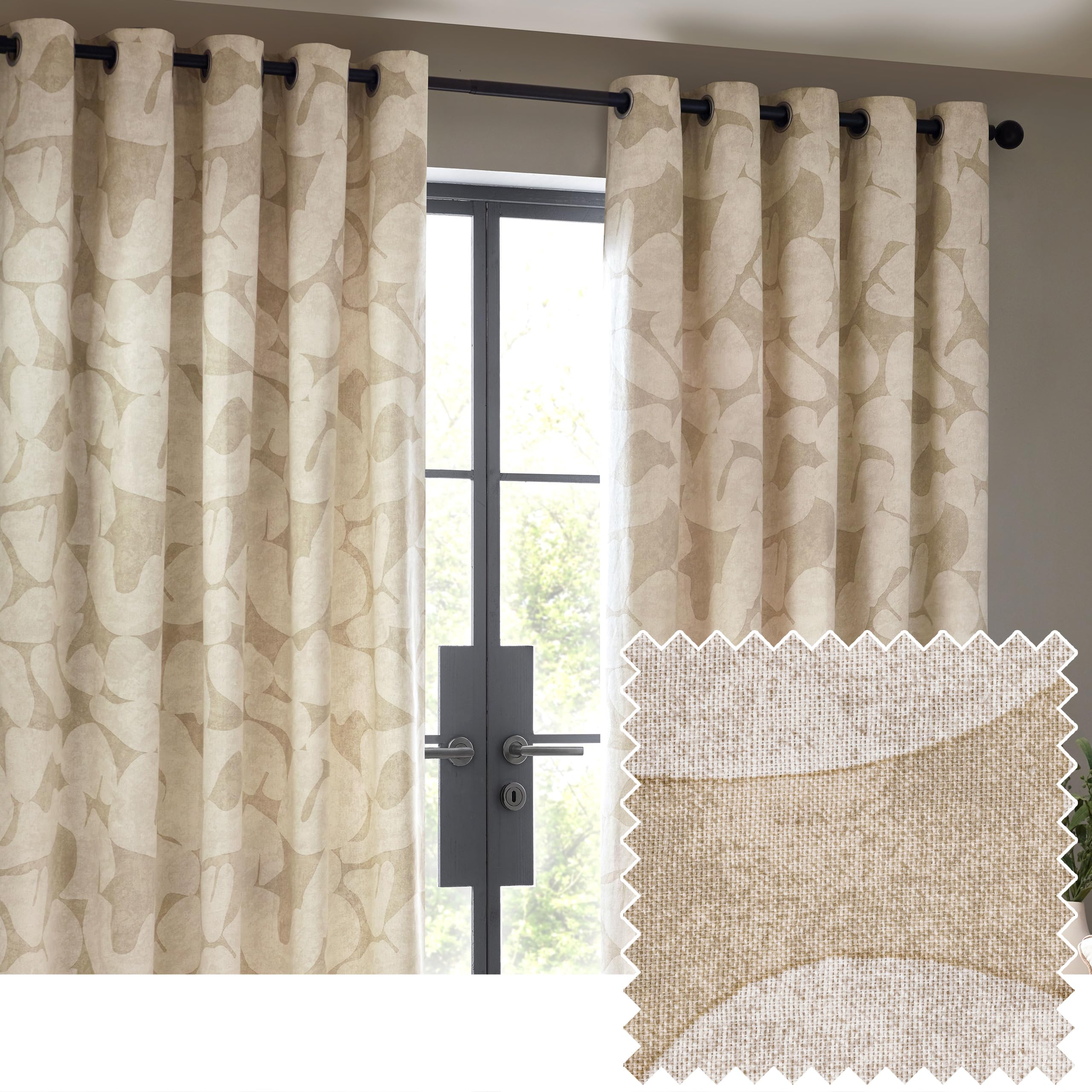 furn. Hoem Brinn Abstract 100% Cotton Lined Curtains – Natural (168cm Width x 183cm Drop)