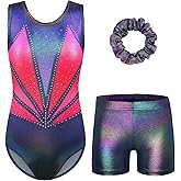 BAOHULU Gymnastics Leotards for Girls with Tumbling Shorts Set Sparkly Open Back with Straps Kids Active Dance Outfit