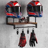 NANAGIFTREE Automotive Helmet Holder Wall Mount, Solid Wood and Metal Helmet Rack with 4 Glove Clips, Motorcycle Accessories Gear Storage Organizer for Entryway or Garage