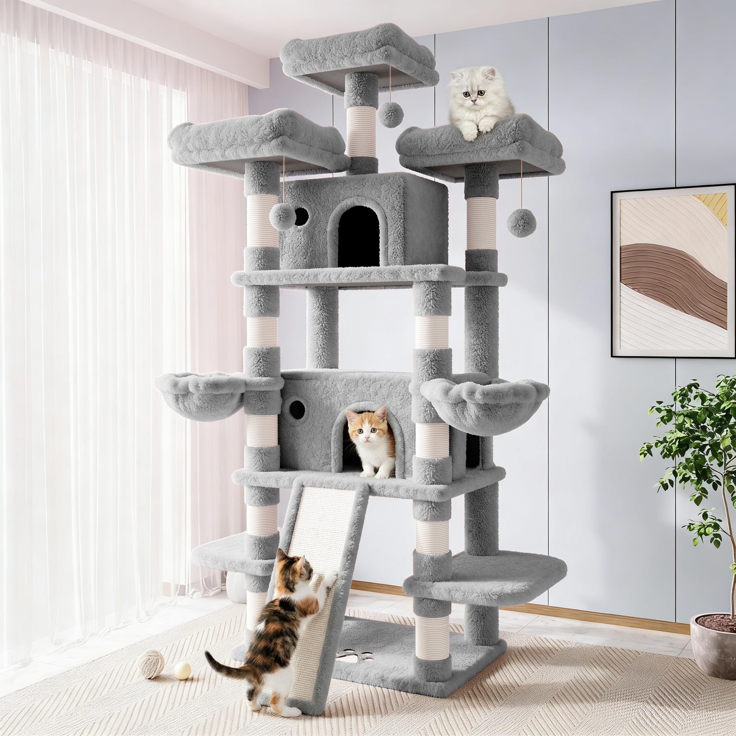 Allewie 82 Inches Large Cat Tree/House/XXL Tall Cat Towers for Big Feline/Scratching Post/Multi-Level Large Kitty Climbing Tree with Condo/Light Grey Image