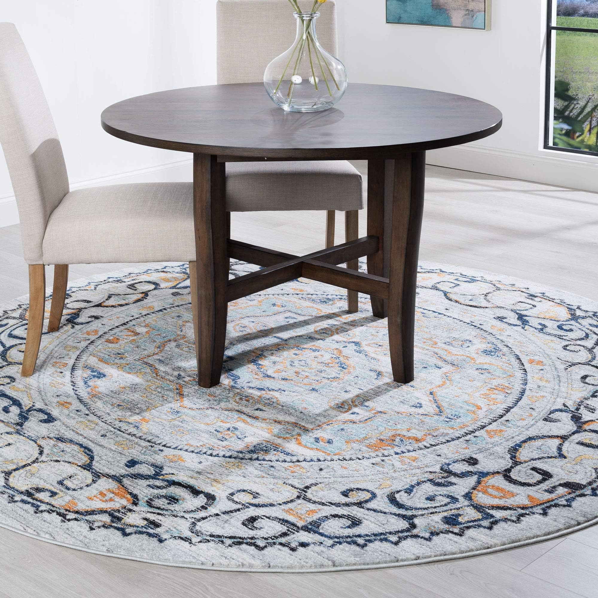 Tayse Veriana Blue 6 Foot Round Area Rug for Living, Bedroom, or Dining Room - Boho, Medallion