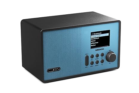 MEDION E85059 WLAN-Internetradio (6 cm (2,4 Zoll) TFT Farb-Display, 40 Speicherplätze, Holzgehäuse, USB, Aux) Blau/Schwarz