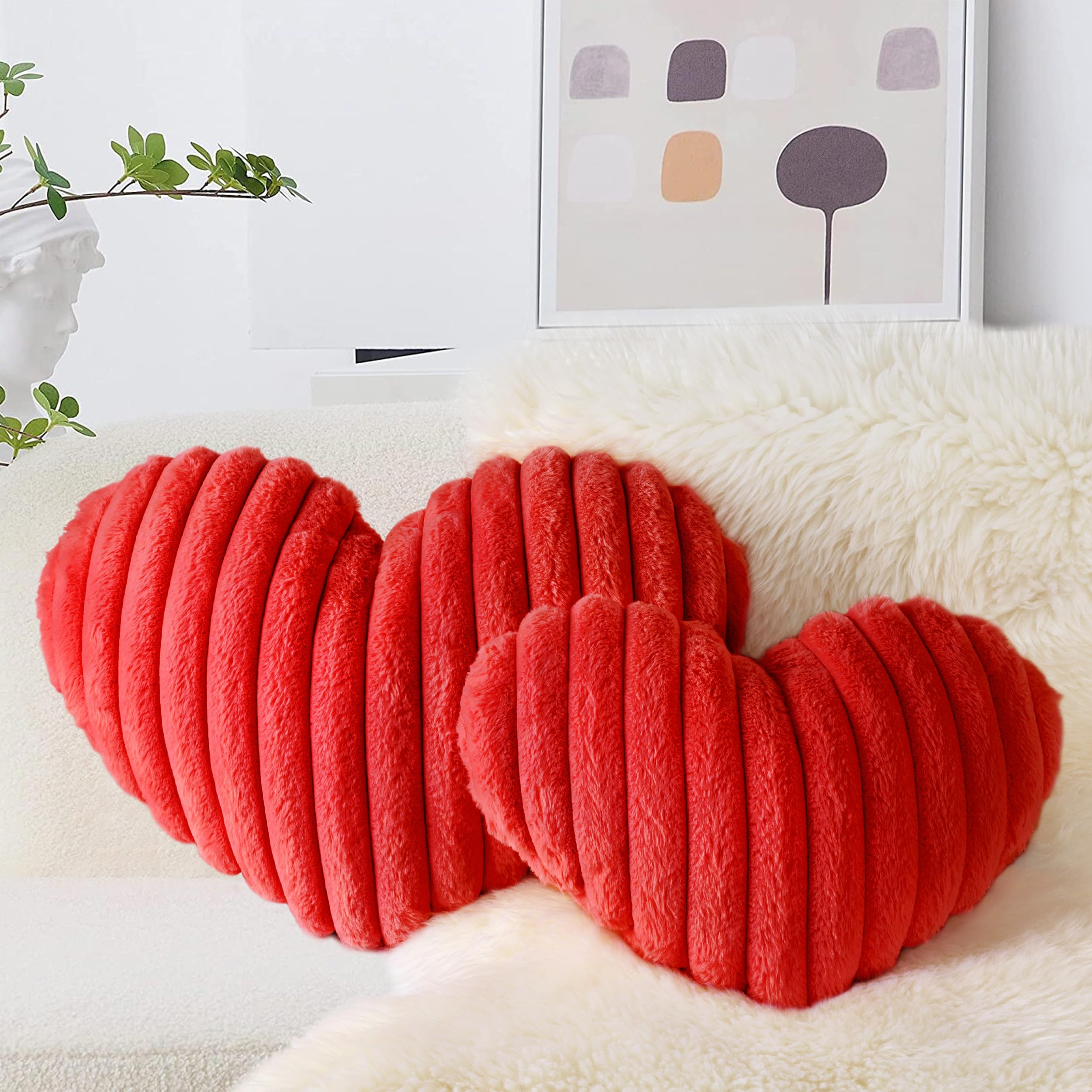 Photo 1 of AELS Heart Shaped Pillow, Set of 2, Heart Decorative Throw Pillows, Faux Fur Love Pillows 20 & 16 Inches, Cute Valentines Day Decorations, Wedding Decor, Living Room Bedroom Nursery Decor, Red