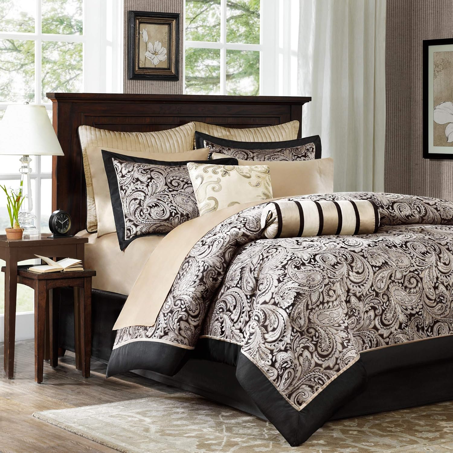 Madison Park Aubrey Queen Size Bed Comforter Set Bed In A Bag - Black, Champagne , Paisley Jacquard – 12 Pieces Bedding Sets – Ultra Soft Microfiber Bedroom Comforters: Home & Kitchen
