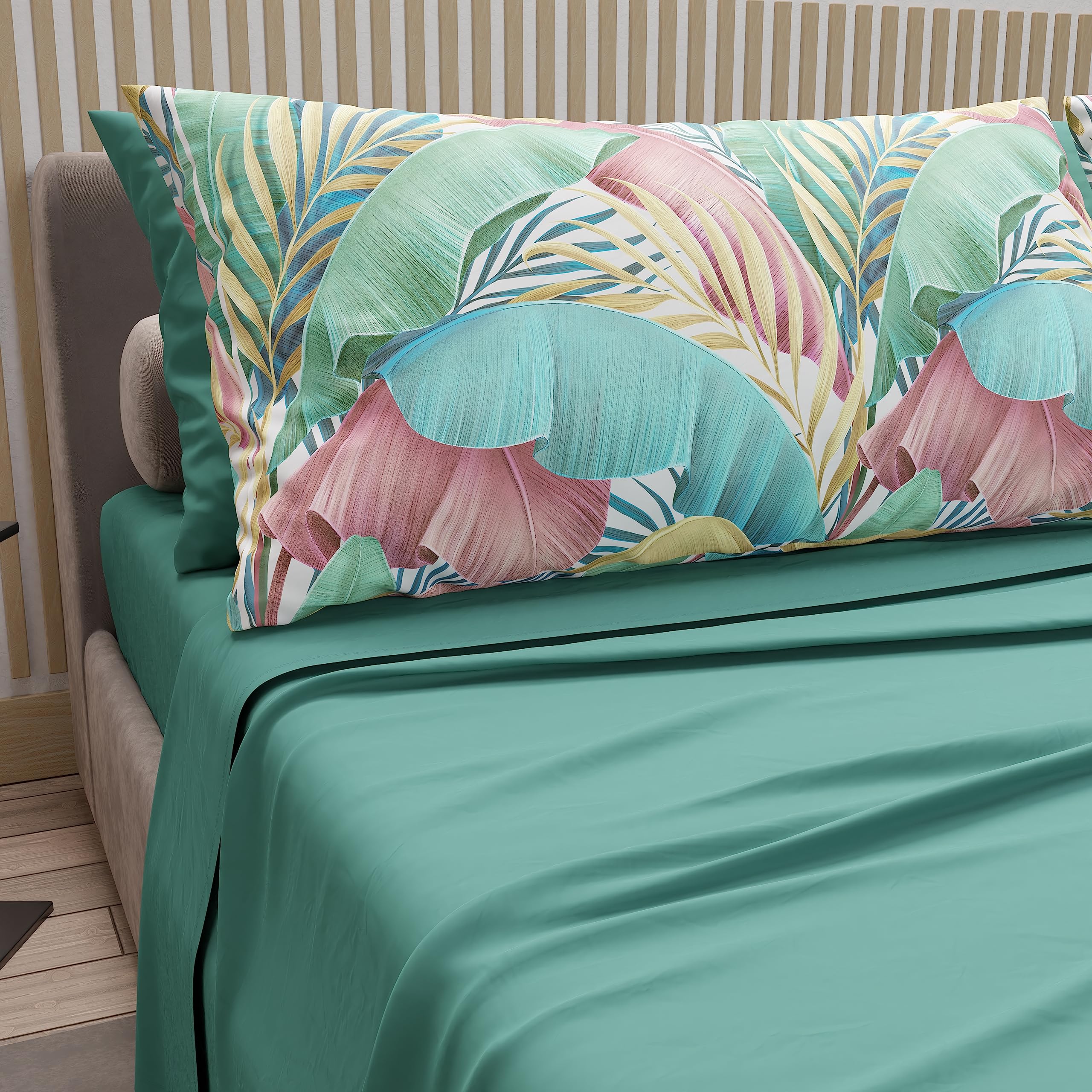 PETTI Artigiani Italiani - Double Bed Sheets in Cotton with Pillowcases in Digital Print, for Double Bed, Complete Top and Bottom Sheet with Corners, Teal, 100% Made in Italy