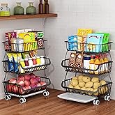 3-Tier Rolling Pantry Floor Organizer, Stackable Pantry Storage Cart with Wheels, Metal Wire Pantry Baskets, Kitchen Fruit Ba