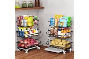 3-Tier Rolling Pantry Floor Organizer, Stackable Pantry Storage Cart with Wheels, Metal Wire Pantry Baskets, Kitchen Fruit Ba