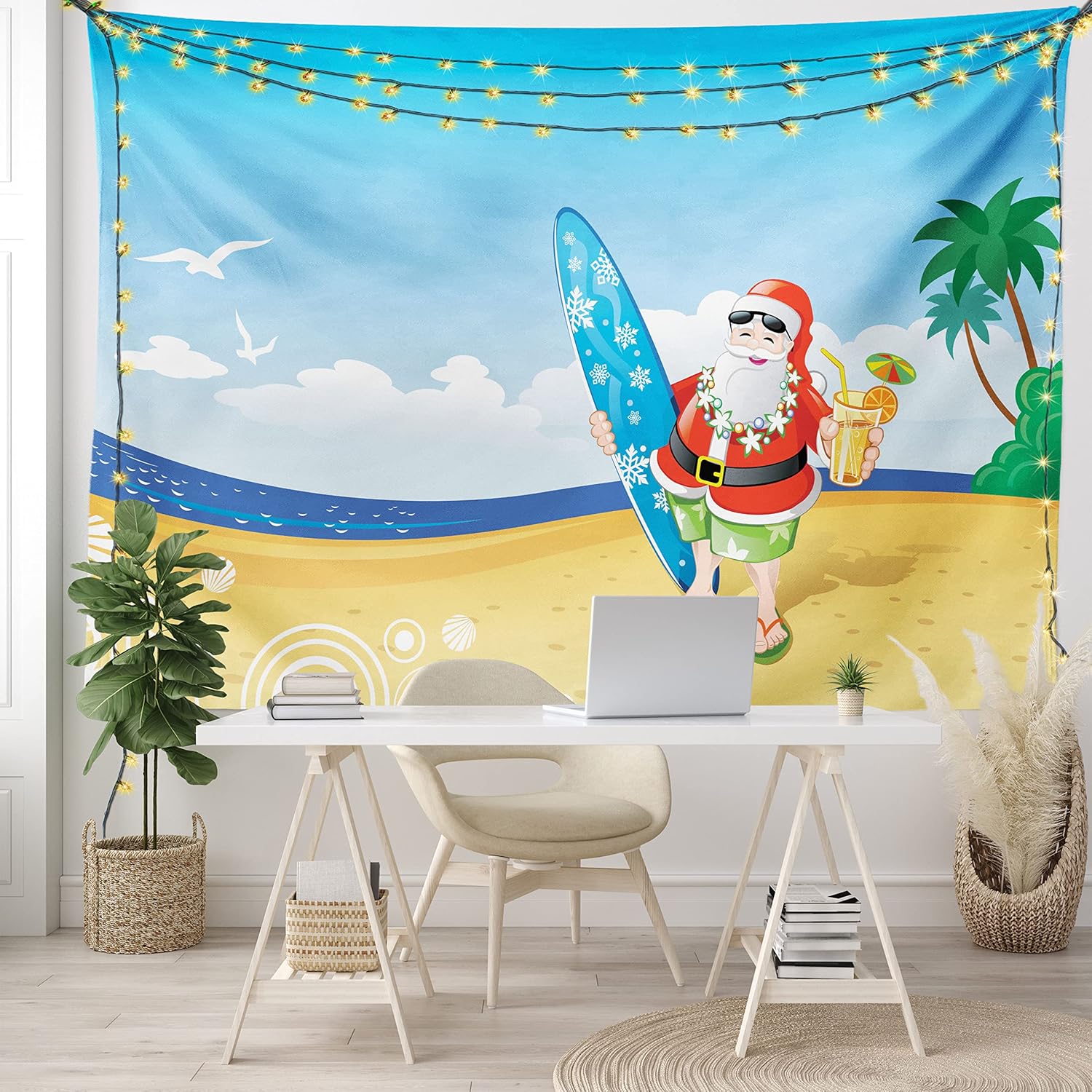 Tapestries - Ambesonne Christmas Tapestry, Santa Claus on The Beach with Surfboard Summer Party Celebration Tropical Art, Wide Wall Hanging for Bedroom Living Room Dorm, 80