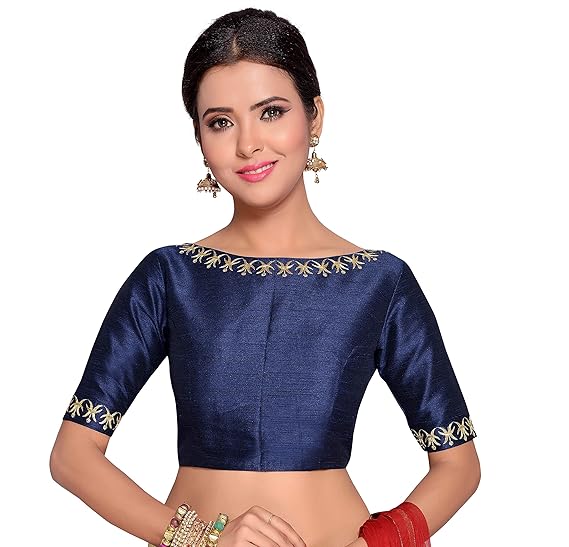 Women's Navy Blue Embroidered Readymade Saree Blouse