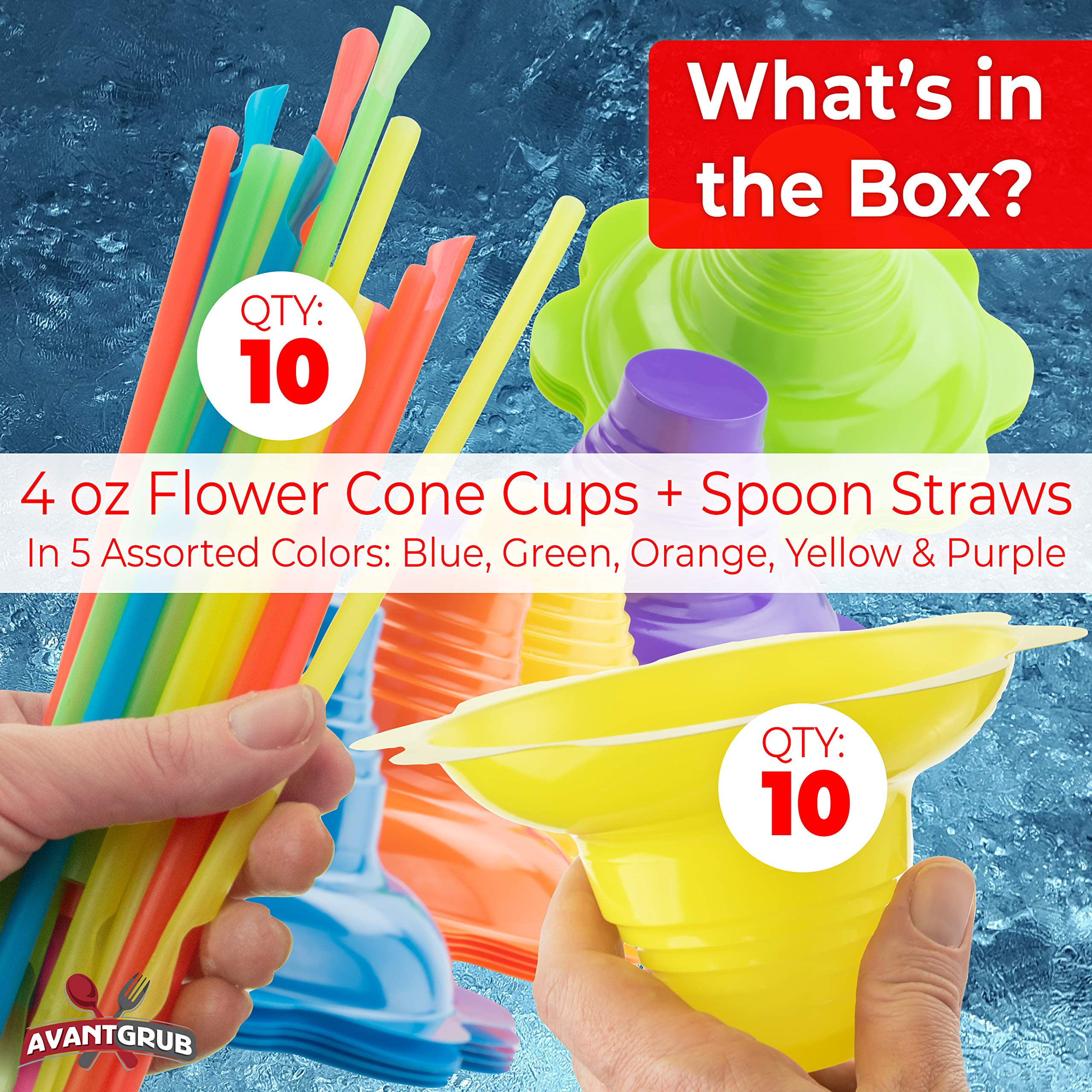 Leak Proof & Drip Catching, Super Cute Reusable 4oz Flower Snow Cone Cups with Straws 10 Pk, Colorful Easy Grip Bowls Perfect for Birthday Parties, Summer Cookout, Shaved Ice, Snack, Ice Cream