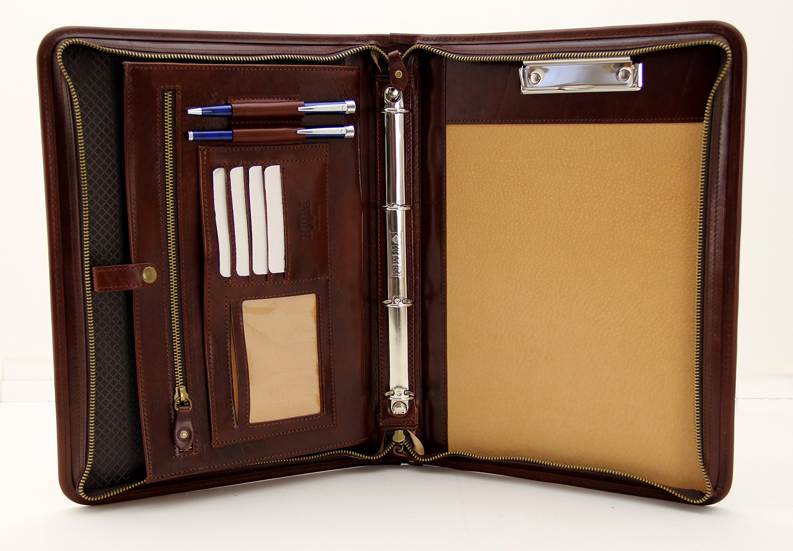 Italian Leather Portfolio, Conference Folder A4, Ring Binder, Leather Folio with clipboard (Brown)