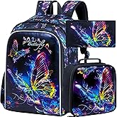 WZLVO 3PCS Butterfly Backpack for Girls, 16" Kids Preschool Bookbag with Lunch Box, Water Resistant School Bag for Elementary Kindergarten Toddler