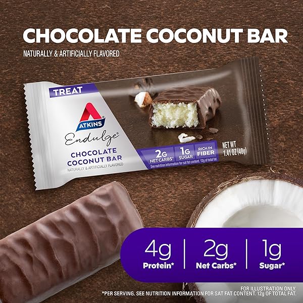 ATKINS ENDULGE CHOCOLATE COCONUT BAR, DESSERT FAVORITE, HIGH IN FIBER, 1G SUGAR, 16 COUNT