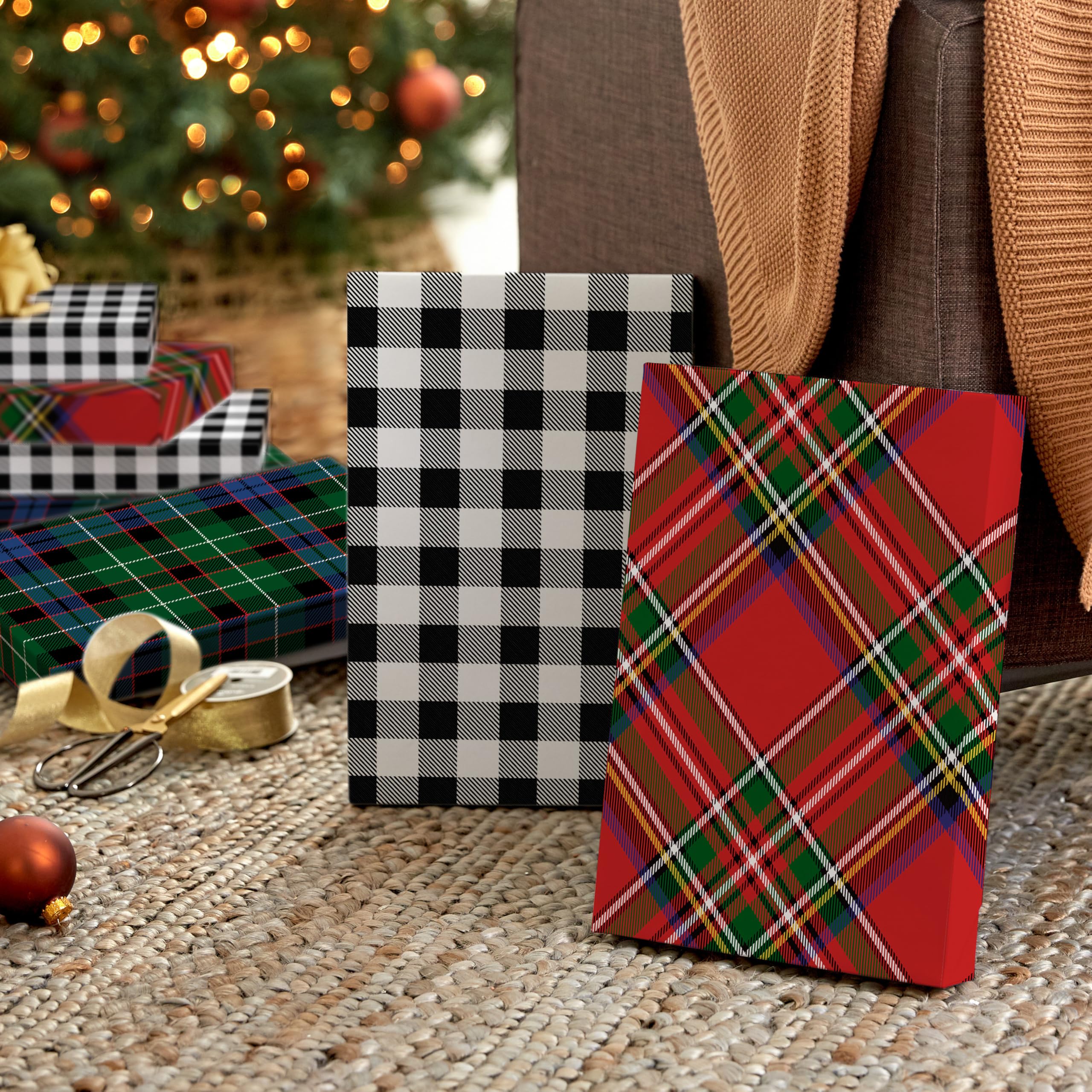 Hallmark Medium Christmas Gift Boxes with Lids (12 Shirt Boxes, 3 Designs: Blue, Green, Red Plaid, Black Buffalo Check) for Christmas, Hanukkah, Birthdays, Father's Day