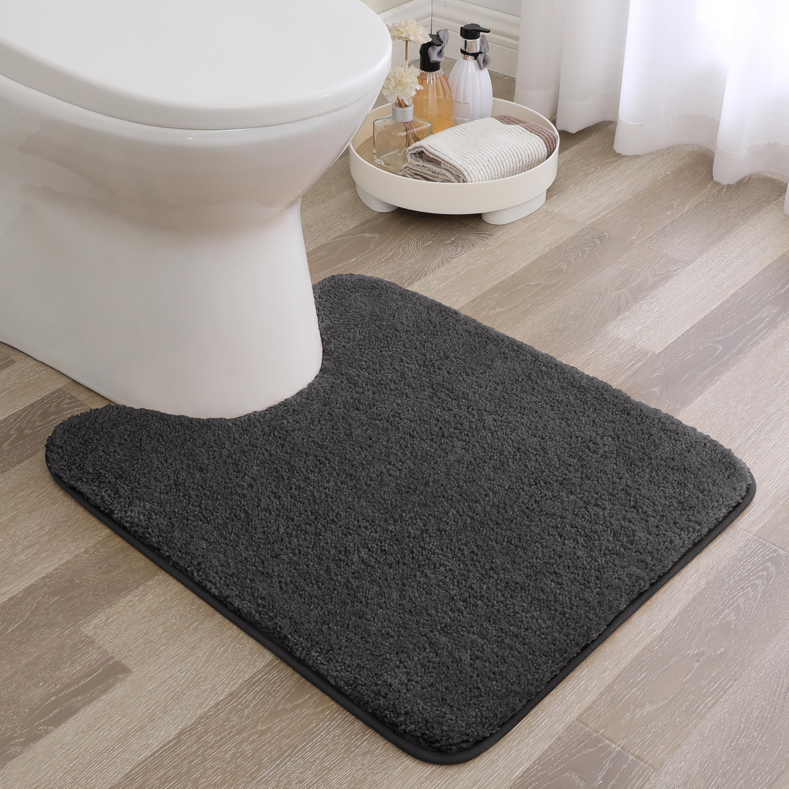 Non Slip Toilet Mat Threefold Lifespan Pedestal Mat for Toilet Super Soft Absorbent Bathroom Toilet Rug Fluffy High Resilience Bath Rug Carpet, Resist Sinking Flattening - 50 x 60cm U Shape (Black)